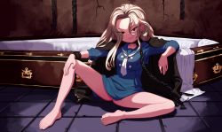 Rule 34 | 1girl, arm rest, bad id, bad pixiv id, bare legs, barefoot, blonde hair, chain, chained, chain, coffin, fang, feet, hand rest, jacket, jacket on shoulders, leg up, long hair, mabera, original, red eyes, sailor collar, school uniform, sitting, solo