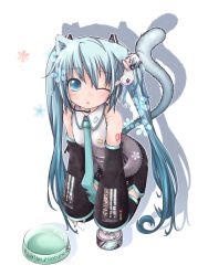 Rule 34 | 1girl, akino coto, animal ears, aqua eyes, aqua hair, bowl, can, cat ears, cat tail, hatsune miku, highres, kemonomimi mode, long hair, looking at viewer, md5 mismatch, mini person, minigirl, open mouth, pet bowl, resolution mismatch, simple background, solo, source smaller, tail, twintails, very long hair, vocaloid, wince