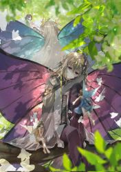 Rule 34 | 1boy, 4girls, androgynous, antenna hair, asymmetrical sleeves, back-to-back, blue dress, bug, butterfly, butterfly wings, buttons, circlet, dappled sunlight, diamond button, dress, fairy, foot out of frame, fujishiro kazuha, green dress, grey tunic, hair between eyes, hair tubes, head chain, head rest, highres, in tree, insect, insect wings, jewelry, knee up, leaf, lens flare, light brown hair, long hair, looking at another, male focus, medium hair, multiple girls, orange dress, original, pants, pointy ears, purple eyes, purple pants, silhouette, sitting, sitting in tree, smile, solo focus, sunlight, tarot, the emperor (tarot), toeless legwear, tree, wings