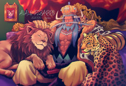 Rule 34 | 1boy, abs, animal, animal on shoulder, avalo pizarro, baggy pants, beard, blue hair, cat, character name, coat, crown, dated, drawing (object), facial hair, feet out of frame, fur trim, gauntlets, gem, horns, indoors, jaguar, jewelry, lion, long hair, looking at viewer, male focus, muscular, muscular male, mustache, necklace, one piece, open mouth, pants, pearl (gemstone), pearl necklace, pectorals, petting, sitting, skull and crossbones, slit pupils, smile, stomach, youkan (tako)