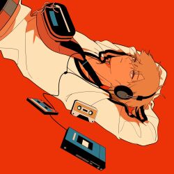 Rule 34 | 1boy, blonde hair, cassette player, cassette tape, chainsaw man, denji (chainsaw man), fanny pack, headset, highres, looking up, lying, null024, on back, red background, shirt, short hair, simple background, solo, white shirt
