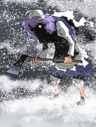 Rule 34 | 1girl, axe, dress, female focus, hat, letty whiterock, long sleeves, onikobe rin, puffy sleeves, purple hair, scarf, shoes, snow, solo, the shining, touhou, weapon