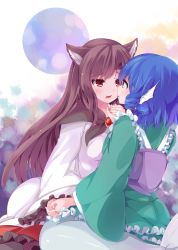 Rule 34 | 2girls, animal ears, blue eyes, blue hair, blush, couple, eye contact, fang, fins, head fins, highres, holding hands, imaizumi kagerou, japa, long hair, looking at another, mermaid, monster girl, multiple girls, open mouth, red eyes, short hair, touhou, wakasagihime, yuri