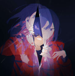 Rule 34 | 1girl, absurdres, aqua nails, blue eyes, blue hair, blue shirt, chinese commentary, closed mouth, collarbone, colored inner hair, commentary request, curtain grab, curtains, half-closed eyes, highres, hood, hood down, hooded jacket, jacket, kamitsubaki studio, looking at viewer, multicolored eyes, multicolored hair, one eye covered, opening, red eyes, red hair, red jacket, rim (kamitsubaki studio), sanpaku, shirt, smile, upper body, virtual youtuber, walluka