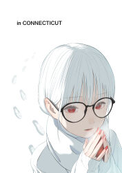 Rule 34 | 1girl, absurdres, bananafish1111, commentary, english commentary, english text, footprints, highres, original, parted lips, red eyes, red nails, scarf, short hair, sleeves past wrists, snow, solo, white hair