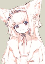 Rule 34 | 1girl, animal ears, arknights, cardigan, closed mouth, fox ears, fox girl, frilled hairband, frills, green background, hairband, highres, long hair, monochrome, neck ribbon, niwatori (akira 207), official alternate costume, pink theme, ribbon, shirt, simple background, smile, solo, suzuran (arknights), suzuran (spring praise) (arknights), upper body