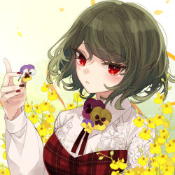 Rule 34 | 1girl, black nails, blush, breasts, collaboration, commentary request, daimaou ruaeru, dress, flower, green hair, hand up, highres, kazami yuuka, large breasts, long sleeves, looking at viewer, nail art, nail polish, pansy, plaid, plaid dress, purple flower, purple pansy, red dress, red eyes, red nails, shirt, short hair, solo, strapless, strapless dress, touhou, toutenkou, upper body, white shirt, yellow flower, yellow pansy