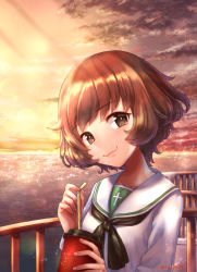 Rule 34 | 1girl, akiyama yukari, black neckerchief, blouse, brown eyes, brown hair, closed mouth, cloud, cloudy sky, commentary request, cup, disposable cup, drinking straw, girls und panzer, head tilt, holding, holding cup, horizon, long sleeves, looking at viewer, messy hair, neckerchief, ocean, ooarai school uniform, orange sky, outdoors, partial commentary, railing, sailor collar, school uniform, shirt, short hair, sky, smile, solo, sparkle, standing, twilight, white sailor collar, white shirt, yu sakurai06