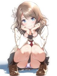 Rule 34 | 1girl, black sailor collar, black skirt, black socks, blue eyes, borgbutler, bow, brown footwear, brown hair, closed mouth, commentary request, elbows on knees, hair bow, head rest, highres, kneehighs, long sleeves, looking at viewer, love live!, love live! sunshine!!, medium hair, neckerchief, panties, pantyshot, red neckerchief, sailor collar, school uniform, serafuku, shadow, skirt, smile, socks, solo, squatting, sweater, underwear, uranohoshi school uniform, watanabe you, white background, white bow, white panties, white sweater