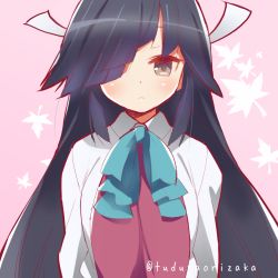 Rule 34 | 10s, 1girl, 9law, bad id, bad pixiv id, black hair, blue bow, blush, bow, hayashimo (kancolle), kantai collection, leaf, long hair, looking at viewer, solo, very long hair