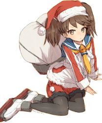 Rule 34 | 1girl, alchera, alternate costume, bell, black pantyhose, blue sailor collar, brown eyes, brown hair, commentary request, fur-trimmed shorts, fur trim, hat, kantai collection, looking at viewer, neckerchief, pantyhose, red shorts, ryuujou (kancolle), sack, sailor collar, santa hat, shorts, simple background, sitting, solo, twintails, white background, yellow neckerchief, yokozuwari