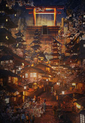 Rule 34 | absurdres, architecture, branch, cherry blossoms, city lights, commentary request, east asian architecture, fantasy, highres, kimino, lantern, multiple boys, multiple girls, night, oil-paper umbrella, original, pagoda, rei (lappy mofumofu), road, scenery, stairs, standing, stone stairs, street, torii, tree, umbrella, vanishing point, window