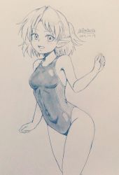 Rule 34 | 1girl, alternate costume, bare legs, braid, breasts, commentary request, competition swimsuit, covered navel, d-m (dii emu), dated, eyelashes, french braid, greyscale, happy, highres, looking at viewer, medium breasts, mizuhashi parsee, monochrome, one-piece swimsuit, open mouth, pointy ears, short hair, signature, sketch, swimsuit, touhou, traditional media
