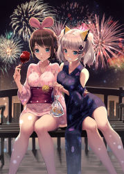 Rule 34 | 2girls, :d, :q, absurdres, bag, bagged fish, bare legs, bare shoulders, bench, blue eyes, blush, breasts, brown hair, candy apple, cityscape, closed mouth, clothing cutout, collarbone, d-pad, d-pad hair ornament, feet out of frame, fireworks, fish, floral print, food, goldfish, grin, hair between eyes, hair ornament, hairband, hairclip, herol, highres, holding, holding food, huge filesize, japanese clothes, kaguya luna, kimono, kizuna ai, kizuna ai inc., leaning to the side, long sleeves, looking at viewer, medium breasts, multicolored hair, multiple girls, night, obi, on bench, open mouth, outdoors, park bench, pink hair, pink hairband, pink kimono, pink ribbon, print kimono, ribbon, sash, short hair, short twintails, shoulder cutout, sidelocks, sitting, smile, streaked hair, summer festival, teeth, the moon studio, tongue, tongue out, twintails, virtual youtuber, water, wide sleeves
