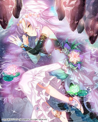 Rule 34 | 1girl, anklet, bare shoulders, barefoot, barefoot sandals (jewelry), bridal gauntlets, dated, dress, flower, highres, jewelry, long hair, lotus, lying, on side, orange eyes, partially submerged, purple hair, roh nam kyung, solo, tenkuu no crystalia, toe ring, very long hair, water