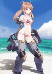 Rule 34 | 1girl, :d, absurdres, alice gear aegis, bare shoulders, bikini, blush, breasts, character request, cleavage, commentary request, dual wielding, full body, groin, gun, hair between eyes, highres, holding, holding gun, holding weapon, looking at viewer, mecha musume, mechanical arms, mechanical legs, micro bikini, midriff, navel, open mouth, puripuri, red bikini, sidelocks, smile, solo, standing, swimsuit, underboob, weapon