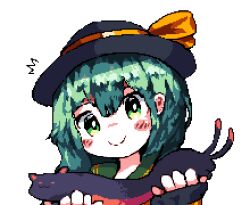Rule 34 | 1girl, black hat, blouse, bow, buttons, cat, diamond button, downvote (downvote me), frilled shirt collar, frilled sleeves, frills, green hair, hat, hat bow, hat ribbon, komeiji koishi, pixel art, ribbon, shirt, solo, touhou, upper body, wide sleeves, yellow bow, yellow ribbon, yellow shirt