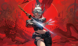 Rule 34 | 1girl, 4boys, asymmetrical pants, belt, crop top, dragon, eastern dragon, facial mark, flesh and blood, forehead mark, grey eyes, grey hair, highres, holding, holding sword, holding weapon, kunai, long hair, looking at viewer, midriff, multiple boys, official art, ponytail, red background, sword, takayama toshiaki, weapon