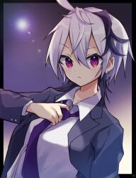 Rule 34 | 1girl, adjusting clothes, adjusting necktie, ahoge, black border, border, closed mouth, collared shirt, ear piercing, expressionless, flower (vocaloid), formal, gradient background, grey suit, hair between eyes, highres, lens flare, looking at viewer, necktie, open clothes, piercing, purple background, purple eyes, purple hair, purple necktie, rageno0000, shirt, short hair, signature, solo, suit, upper body, vocaloid, white background, white hair, white shirt