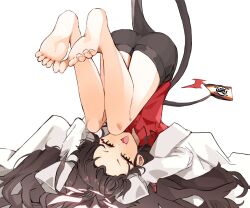 Rule 34 | 1girl, barefoot, black hair, black horns, black shorts, black tail, blue archive, blush, coat, collared shirt, demon horns, feet, halo, highres, horns, kasumi (blue archive), lab coat, long hair, open mouth, red halo, red shirt, ro/ku, shirt, shorts, simple background, sleeves past fingers, sleeves past wrists, smile, soles, solo, toes, upside-down, white background, white coat, yellow eyes