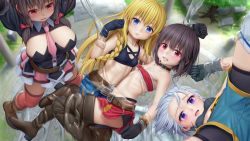Rule 34 | 4girls, aki99, bandeau, bare shoulders, bike shorts, bike shorts under shorts, black gloves, black hair, black panties, blonde hair, blue eyes, blue hair, blurry, blurry background, boots, braid, breasts, character request, chris (konosuba), clenched teeth, collar, commentary, covered erect nipples, day, english commentary, from above, gloves, hair between eyes, highres, iris (konosuba), kono subarashii sekai ni shukufuku wo!, large breasts, light blue hair, long hair, megumin, midriff, mixed-language commentary, multiple girls, necktie, outdoors, paid reward available, panties, pink necktie, purple eyes, red eyes, short hair, shorts, side braid, single braid, skirt, slime (substance), spread legs, suspension, teeth, thigh boots, thighhighs, underwear, yunyun (konosuba)