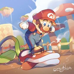 Rule 34 | 1boy, absurdres, artist name, blue eyes, blue overalls, blue pants, blue sky, brown footwear, brown hair, closed mouth, cloud, commentary request, day, facial hair, fence, floating island, giant mushroom, gloves, hanaon, hat, highres, long sleeves, looking down, male focus, mario, mario (series), mushroom, mustache, nintendo, outdoors, outstretched arms, overalls, pants, piranha plant, red headwear, red shirt, shirt, shoes, short hair, signature, sky, spread arms, standing, star (symbol), the super mario bros. movie, tongue, tongue out, twitter username, white gloves, wooden fence