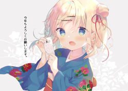 Rule 34 | 1girl, :d, blonde hair, blue eyes, blue kimono, commentary request, floral print, grey background, hair between eyes, hair bun, hair ornament, hairclip, hands up, holding, japanese clothes, kimono, long hair, long sleeves, looking at viewer, mayu (yuizaki kazuya), obi, omikuji, open mouth, original, print kimono, sash, side bun, single hair bun, single side bun, smile, solo, translation request, upper body, wide sleeves, yuizaki kazuya