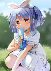 Rule 34 | 1girl, animal ears, blue hair, blue neckerchief, blue ribbon, blue sky, carrot hair ornament, choker, commentary request, day, food, food-themed hair ornament, hair ornament, hair ribbon, holding, holding food, hololive, looking at viewer, natsume eri, neckerchief, on grass, outdoors, pleated skirt, popsicle, puffy short sleeves, puffy sleeves, rabbit ears, red eyes, ribbon, shirt, short eyebrows, short sleeves, skirt, sky, solo, thick eyebrows, two side up, usada pekora, usada pekora (casual), virtual youtuber, white choker, white shirt, white skirt