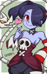 Rule 34 | 1girl, blue hair, blue skin, blush, colored skin, detached collar, detached sleeves, dress, green background, hair over one eye, hamu agaki, heart, highres, leviathan (skullgirls), looking at viewer, red eyes, side ponytail, skullgirls, smile, solo, squigly (skullgirls), stitched mouth, stitches, striped sleeves, zombie