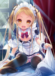 Rule 34 | 1girl, blonde hair, blush, flat chest, highres, long hair, maid, nipples, panties, solo, sorimura youji, thighhighs, twintails, underwear, upskirt, yellow eyes
