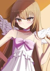 Rule 34 | 1girl, absurdres, aisaka taiga, angel wings, blush, bow, brown eyes, brown hair, choker, closed mouth, collarbone, commentary, dress, dress bow, feathered wings, frilled dress, frills, gradient background, hair between eyes, highres, holding own hair, long hair, looking at viewer, miwapeito, orange background, pink bow, sleeveless, sleeveless dress, solo, spaghetti strap, toradora!, very long hair, white choker, white dress, white wings, wings