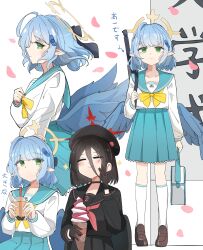 Rule 34 | 2girls, absurdres, aged down, bag, bandaid, bandaid hair ornament, beret, black gloves, black wings, blue archive, blue hair, blue wings, bubble tea, commentary request, food, gloves, green eyes, hair ornament, halo, hasumi (blue archive), hat, highres, ice cream, mine (blue archive), multiple girls, pleated skirt, pointy ears, red halo, school bag, school uniform, skirt, unli free, weapon, weapon on back, wind, wings, yellow halo