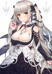 Rule 34 | 1girl, azur lane, black dress, black nails, blush, bow, breasts, cleavage, closed mouth, collarbone, commentary request, detached collar, dress, earrings, flight deck, formidable (azur lane), frilled dress, frills, frown, hair bow, hand up, haruyuki 14, highres, jewelry, large breasts, long hair, long sleeves, looking at viewer, nail polish, red eyes, silver hair, solo, twintails, upper body, very long hair, white background