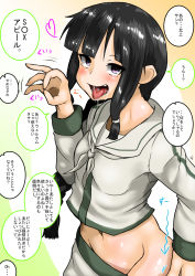 Rule 34 | 10s, 1girl, arm up, arrow (symbol), black hair, blush, breasts, dress, eyebrows, eyelashes, fellatio gesture, female focus, heart, highres, japanese text, kantai collection, kitakami (kancolle), konoshige (ryuun), long hair, looking at viewer, motion lines, narrow waist, navel, neck, neckerchief, no panties, open mouth, purple eyes, remodel (kantai collection), sailor collar, sailor dress, saliva, school uniform, serafuku, sexually suggestive, shiny skin, shirt, sidelocks, simple background, small breasts, solo, speech bubble, teeth, text focus, tongue, tongue out, translation request, undressing, white shirt