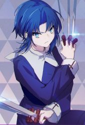 Rule 34 | &gt;:(, 1girl, between fingers, blue background, blue dress, blue eyes, blue hair, ciel (tsukihime), closed mouth, commentary request, cowboy shot, cross, dress, from above, frown, hair intakes, holding, holding sword, holding weapon, leaning forward, long sleeves, looking at viewer, nun, parted bangs, shionty, short hair, sidelocks, sleeve cuffs, solo, standing, sword, traditional nun, tsukihime, upturned eyes, v-shaped eyebrows, weapon