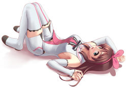 Rule 34 | 1girl, aqua eyes, boots, brown hair, detached sleeves, from side, hairband, kizuna ai, kizuna ai inc., long hair, looking at viewer, lying, on back, open mouth, sakurano yukke, solo, thigh boots, thighhighs, virtual youtuber, white background