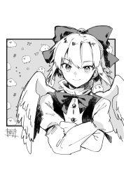 Rule 34 | 1girl, angel wings, bow, bowtie, buttons, closed mouth, commentary request, crossed arms, feathered wings, gengetsu (touhou), greyscale, hair bow, happy, highres, juliet sleeves, long sleeves, looking at viewer, monochrome, puffy sleeves, shirt, short hair, smile, touhou, touhou (pc-98), traditional media, upper body, vest, wadante, white wings, wings