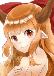 Rule 34 | 1girl, bad id, bad twitter id, covering privates, covering breasts, fang, hair ornament, hair ribbon, horns, ibuki suika, jpeg artifacts, long hair, nishiuri, nude, orange hair, pointy ears, portrait, red eyes, ribbon, simple background, slit pupils, smile, solo, touhou, white background