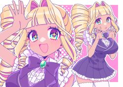Rule 34 | + +, 1girl, black bow, black skirt, black vest, blonde hair, blue eyes, blush, border, bow, breasts, collared shirt, colored inner hair, commentary, drill hair, drill ponytail, frilled shirt, frills, gyaru, hair intakes, heart, heart hands, highres, large breasts, leaning forward, looking at viewer, multicolored hair, multiple views, omega 2 5, open hand, original, outside border, pink background, pleated skirt, purple hair, shirt, side ponytail, skirt, smile, sparkling eyes, symbol-only commentary, thighhighs, vest, waving, white border, white shirt, white thighhighs