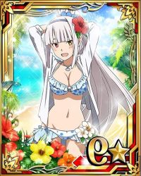 Rule 34 | 10s, 1girl, arms behind head, beach, bikini, breasts, card (medium), cleavage, flower, groin, hair flower, hair ornament, hairband, heterochromia, hibiscus, high ponytail, jacket, jewelry, large breasts, long hair, looking at viewer, navel, necklace, ocean, open clothes, open jacket, open mouth, orange flower, red eyes, red flower, silver hair, solo, star (symbol), swimsuit, sword art online, white bikini, white flower, white jacket, yellow eyes, yellow flower