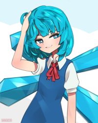 Rule 34 | 1girl, artist name, blue dress, blue eyes, blue hair, bright pupils, cirno, collared shirt, dress, eyebrows hidden by hair, female focus, hand on another&#039;s head, hand on own head, highres, ice, ice wings, looking at viewer, onionsketch, parted lips, red neckwear, shirt, short hair, smile, smirk, solo, touhou, white pupils, white shirt, wings