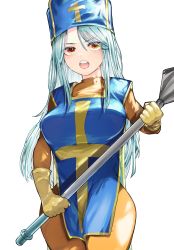 Rule 34 | 1girl, absurdres, angry, aqua hair, blue hat, blue tabard, blush, bodysuit, breasts, cowboy shot, cross, dragon quest, dragon quest iii, facing viewer, gloves, goketsu sushi, hat, highres, holding, holding weapon, large breasts, long hair, mitre, open mouth, orange bodysuit, priest (dq3), red eyes, sidelocks, simple background, solo, sweat, tabard, teeth, upper teeth only, weapon, white background, yellow gloves