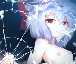 Rule 34 | 1girl, armpit peek, bat wings, blue hair, breasts, broken mirror, collarbone, hair ribbon, hat, mirror, nipples, nude, red eyes, red ribbon, remilia scarlet, ribbon, ribs, shattered, shiny skin, short hair, small breasts, smile, solo, tareme, touhou, upper body, wings, zuo wei er