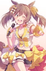Rule 34 | 1girl, 24mbb, armband, black shorts, bow, breasts, brown eyes, brown hair, commentary request, cropped jacket, fingerless gloves, frilled skirt, frills, gloves, gradient background, hair bow, highres, holding, holding microphone, jacket, looking at viewer, microphone, midriff, multicolored clothes, multicolored jacket, navel, official alternate costume, open mouth, pointing, pointing at viewer, shorts, skirt, sleeveless, sleeveless jacket, small breasts, smart falcon (twilight triumph) (umamusume), smart falcon (umamusume), smile, solo, sweat, teeth, twintails, two-tone jacket, two-tone skirt, umamusume, upper teeth only, white jacket, white skirt, yellow bow, yellow footwear, yellow gloves, yellow jacket, yellow skirt