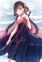 Rule 34 | 1girl, black hair, blue eyes, blunt bangs, gradient background, hair ornament, japanese clothes, katana, kimono, long hair, open mouth, original, sheath, sheathed, solo, sword, twintails, weapon, yasuno (airy light)