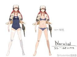 Rule 34 | 10s, 1girl, bikini, character name, gun, hat, headphones, jacket, jeanex, kantai collection, one-piece swimsuit, original, pacific (kancolle), school swimsuit, sketch, swimsuit, united states, uss narwhal, uss narwhal (ss-167), weapon