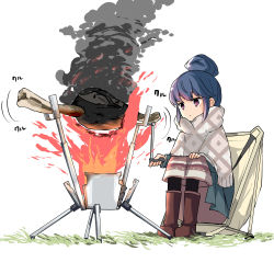 Rule 34 | 1girl, barashiya, blue hair, boned meat, boots, brown footwear, camping, chair, commentary request, cooking, expressionless, fire, food, full body, hair bun, highres, knee boots, long skirt, meat, monster hunter, monster hunter: world, monster hunter (series), motion lines, pantyhose, poncho, purple eyes, shima rin, short hair, sidelocks, simple background, single hair bun, sitting, skirt, smoke, solo, spinning, white background, you&#039;re doing it wrong, yurucamp
