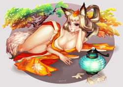 Rule 34 | 1girl, animal ears, arm support, breasts, brown eyes, brown hair, cleavage, fox ears, fox tail, kongiku, large breasts, long hair, looking at viewer, lying, oboro muramasa, on side, solo, tail, thighs, zhang wei yi