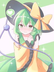 Rule 34 | 1girl, ako oekaki, bare shoulders, black hat, blush, bow, closed mouth, commentary request, cowboy shot, detached sleeves, dot nose, frilled sleeves, frills, green background, green eyes, green hair, green skirt, hair between eyes, hand up, hat, hat bow, heart, highres, komeiji koishi, long sleeves, looking at viewer, medium hair, nose blush, skirt, smile, solo, sparkle, split mouth, spoken heart, standing, star (symbol), star in eye, symbol in eye, third eye, touhou, white background, yellow bow, yellow sleeves