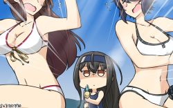 Rule 34 | 10s, 3girls, bikini, black hair, blush, breasts, brown eyes, brown hair, commentary request, dated, emphasis lines, empty eyes, front-tie bikini top, front-tie top, hamu koutarou, hatsushimo (kancolle), headband, highres, kantai collection, kongou (kancolle), long hair, multiple girls, navel, one-piece swimsuit, out of frame, purple hair, shaded face, short hair, swimsuit, tenryuu (kancolle), water gun, white bikini
